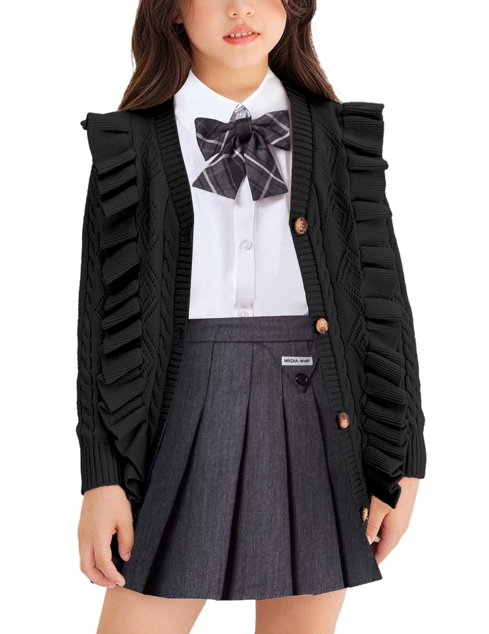 Arshiner Girls Cardigan Sweaters Ruffle School Uniform Sweater V Neck Button Front Outerwear 4-13 Years